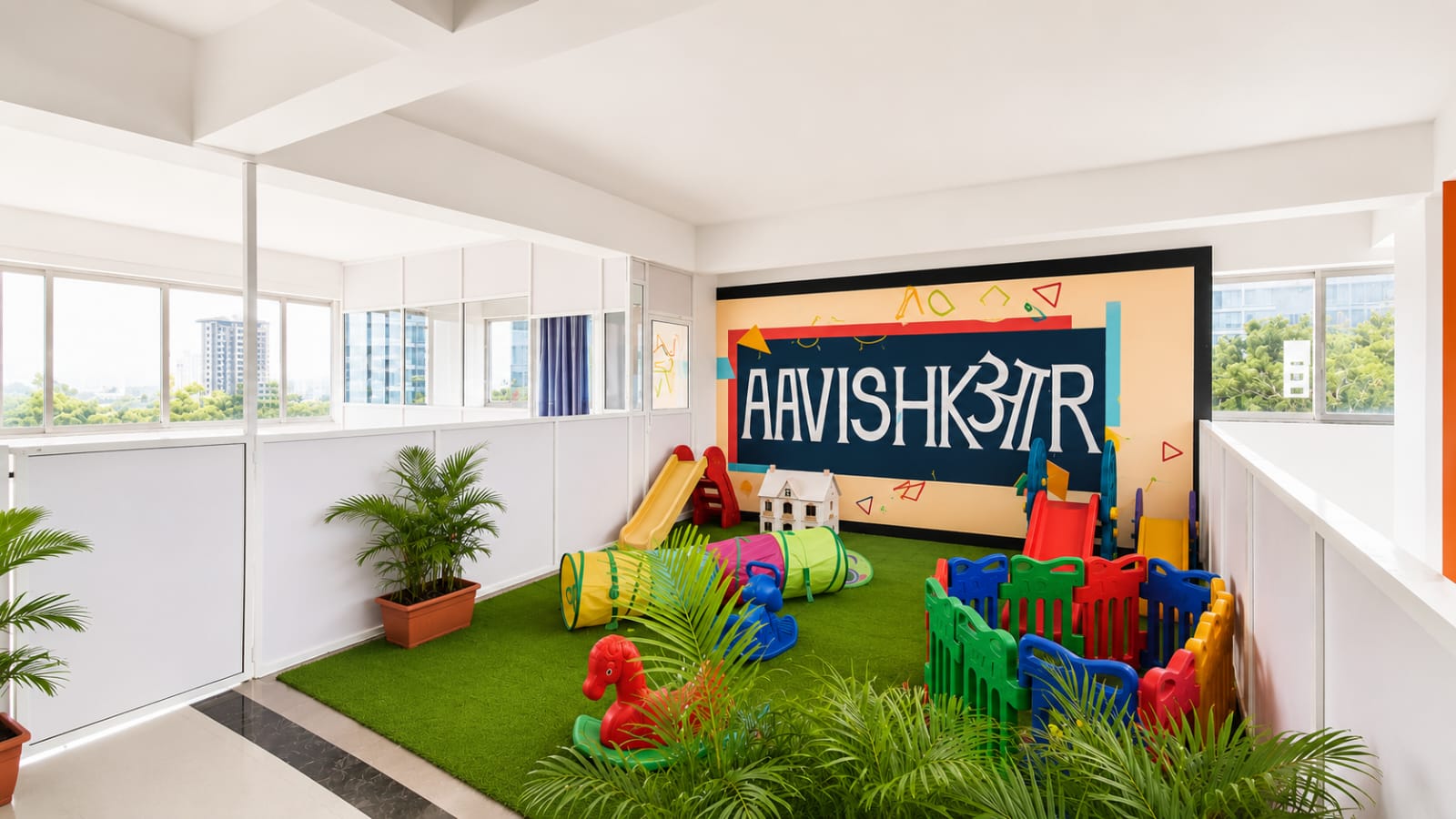 Inside the Aavishkaar centre — warm play area with structured materials and soft natural light